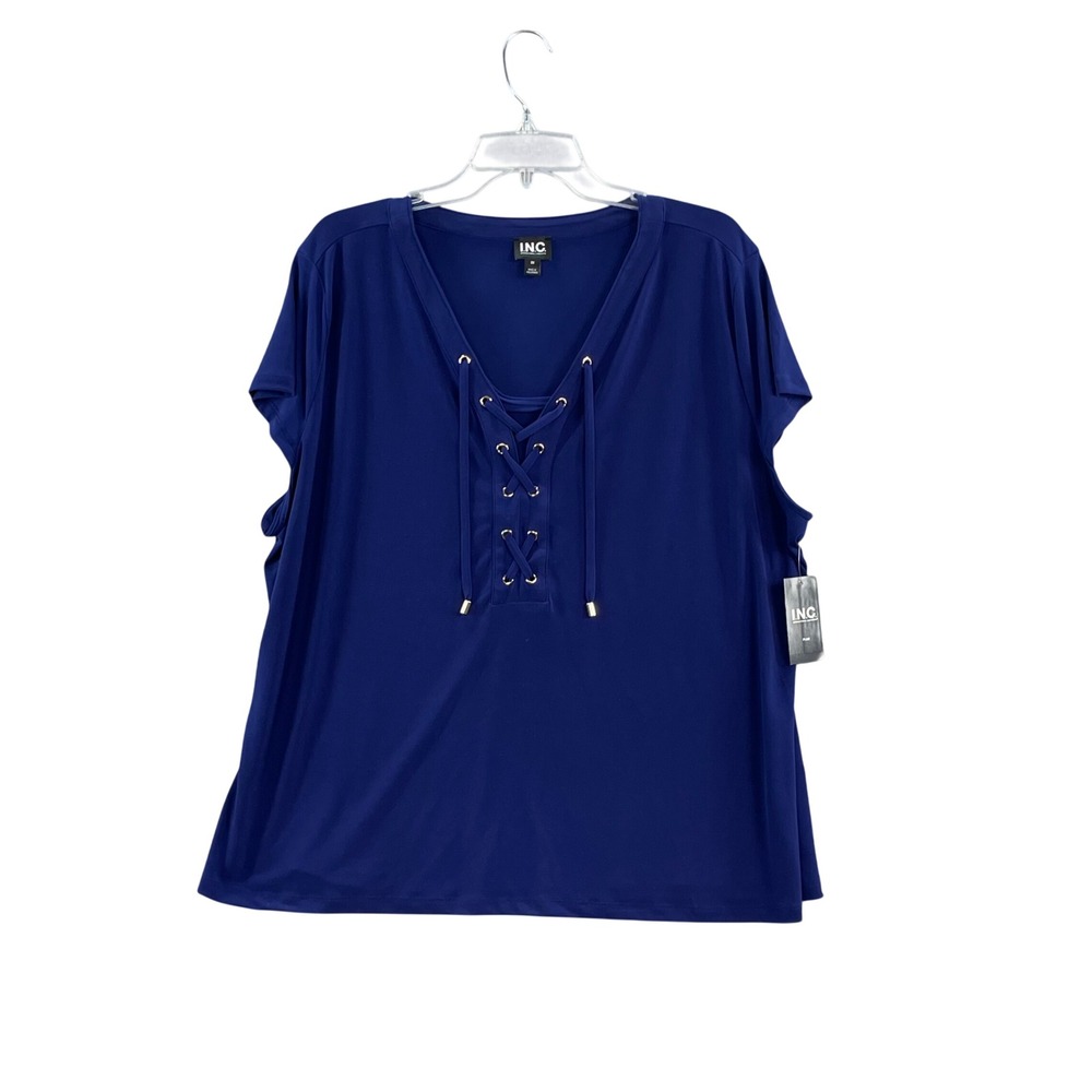 INC International Concepts Knit Top Women 3X Blue Lace Up VNeck Short Sleeve NEW
